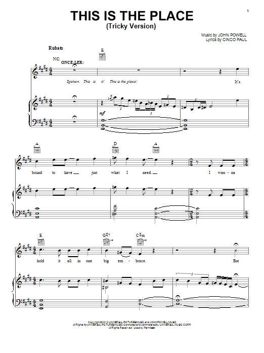 John Powell This Is The Place (Tricky Version) sheet music notes and chords arranged for Piano, Vocal & Guitar Chords (Right-Hand Melody)