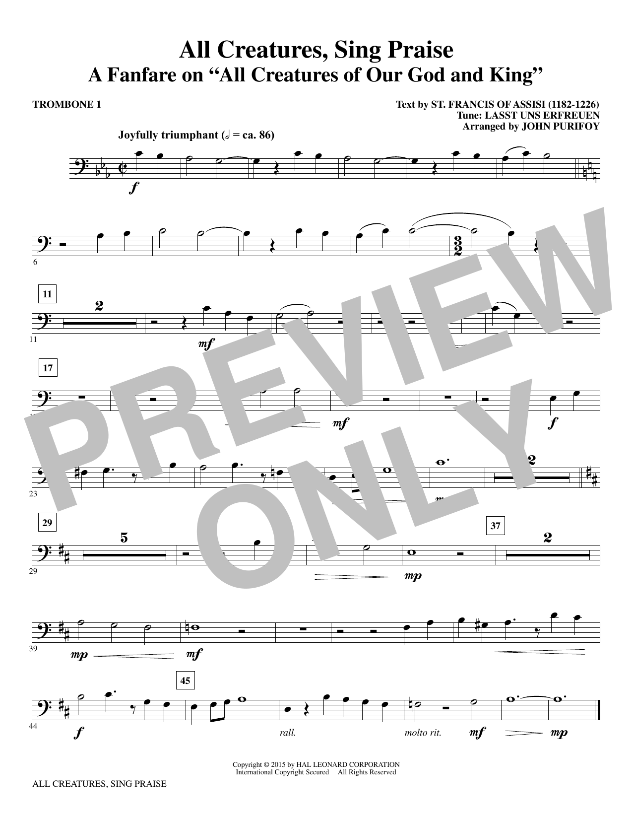 John Purifoy All Creatures, Sing Praise - Trombone 1 sheet music notes and chords arranged for Choir Instrumental Pak