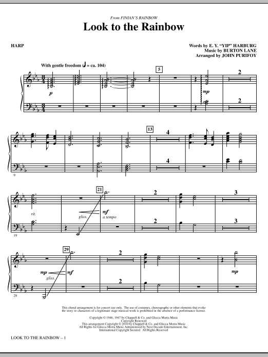 John Purifoy Look To The Rainbow (from Finian's Rainbow) - Harp sheet music notes and chords. Download Printable PDF.