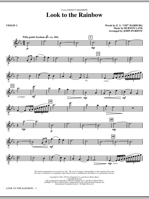 John Purifoy Look To The Rainbow (from Finian's Rainbow) - Violin 1 sheet music notes and chords. Download Printable PDF.