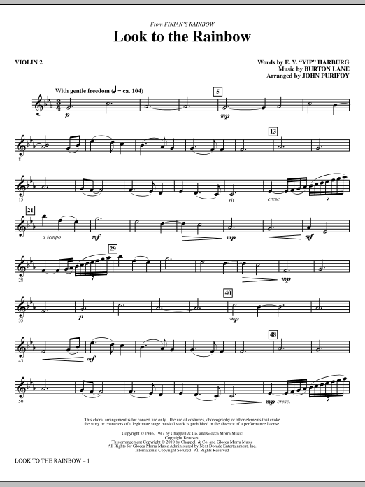 John Purifoy Look To The Rainbow (from Finian's Rainbow) - Violin 2 sheet music notes and chords. Download Printable PDF.