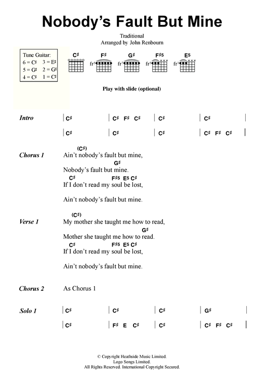 John Renbourn Nobody's Fault But Mine sheet music notes and chords arranged for Guitar Chords/Lyrics