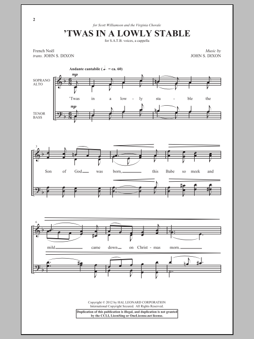 John S. Dixon 'Twas In A Lowly Stable sheet music notes and chords arranged for SATB Choir