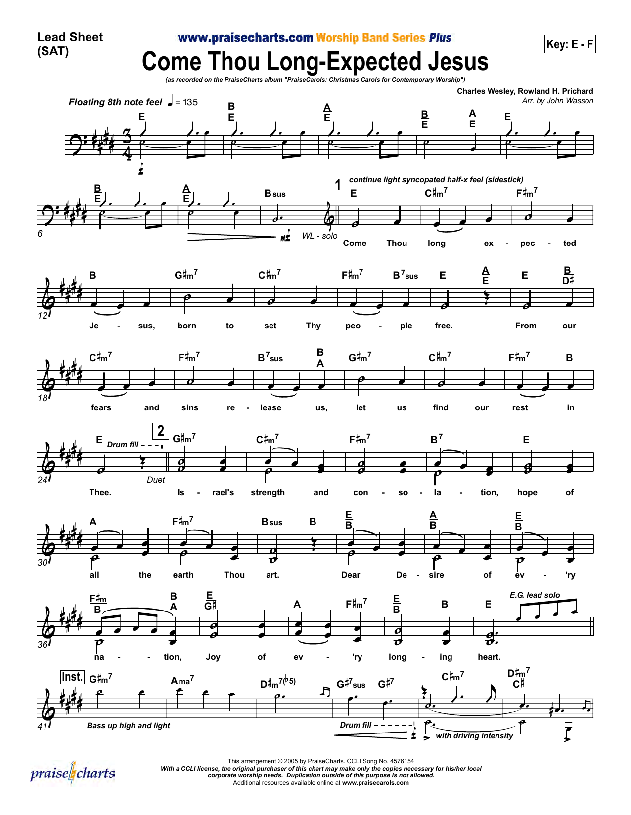 John Wasson Come Thou Long Expected Jesus sheet music notes and chords arranged for Lead Sheet / Fake Book