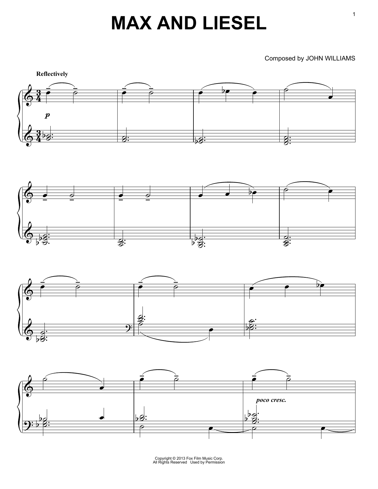 John Williams Max And Liesel sheet music notes and chords arranged for Piano Solo