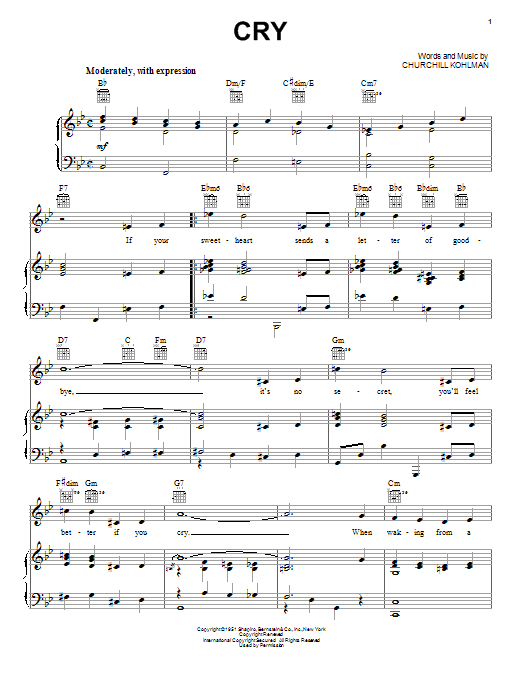 Johnnie Ray Cry sheet music notes and chords arranged for Piano, Vocal & Guitar Chords (Right-Hand Melody)