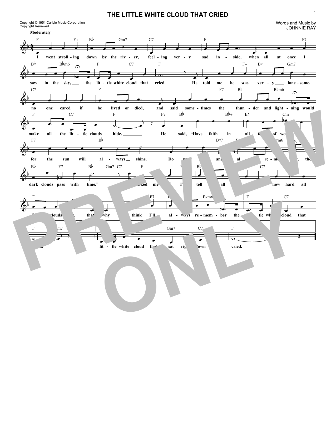 Johnnie Ray The Little White Cloud That Cried sheet music notes and chords arranged for Lead Sheet / Fake Book