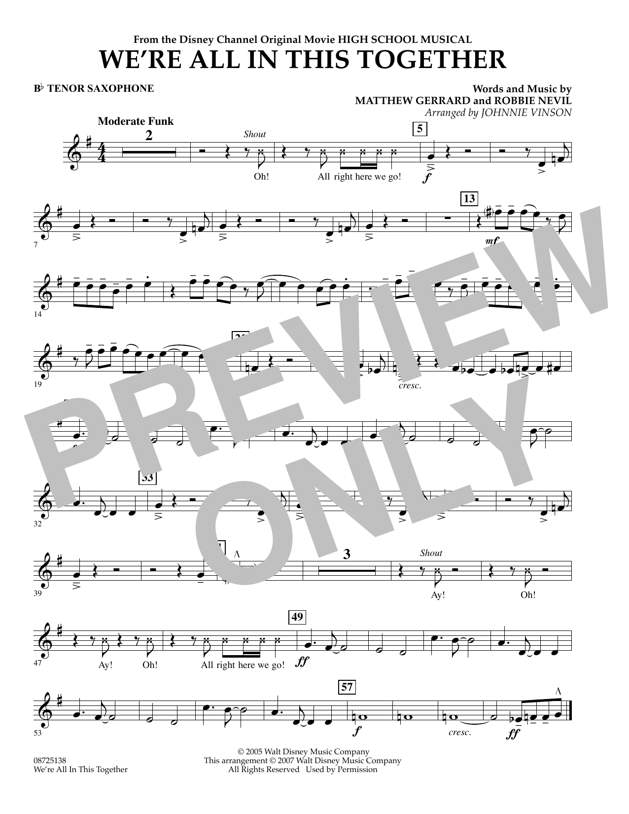 Johnnie Vinson We're All In This Together (from High School Musical) - Bb Tenor Saxophone sheet music notes and chords arranged for Concert Band