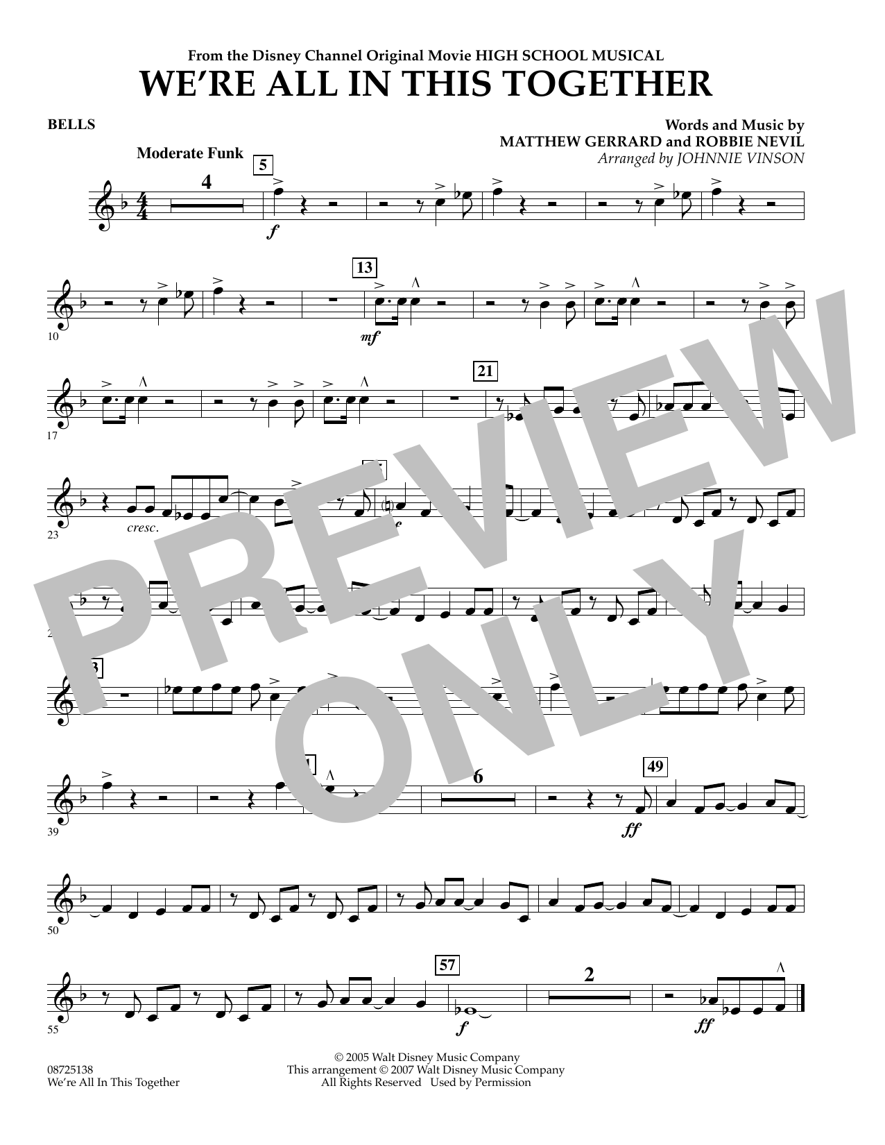 Johnnie Vinson We're All In This Together (from High School Musical) - Bells sheet music notes and chords arranged for Concert Band