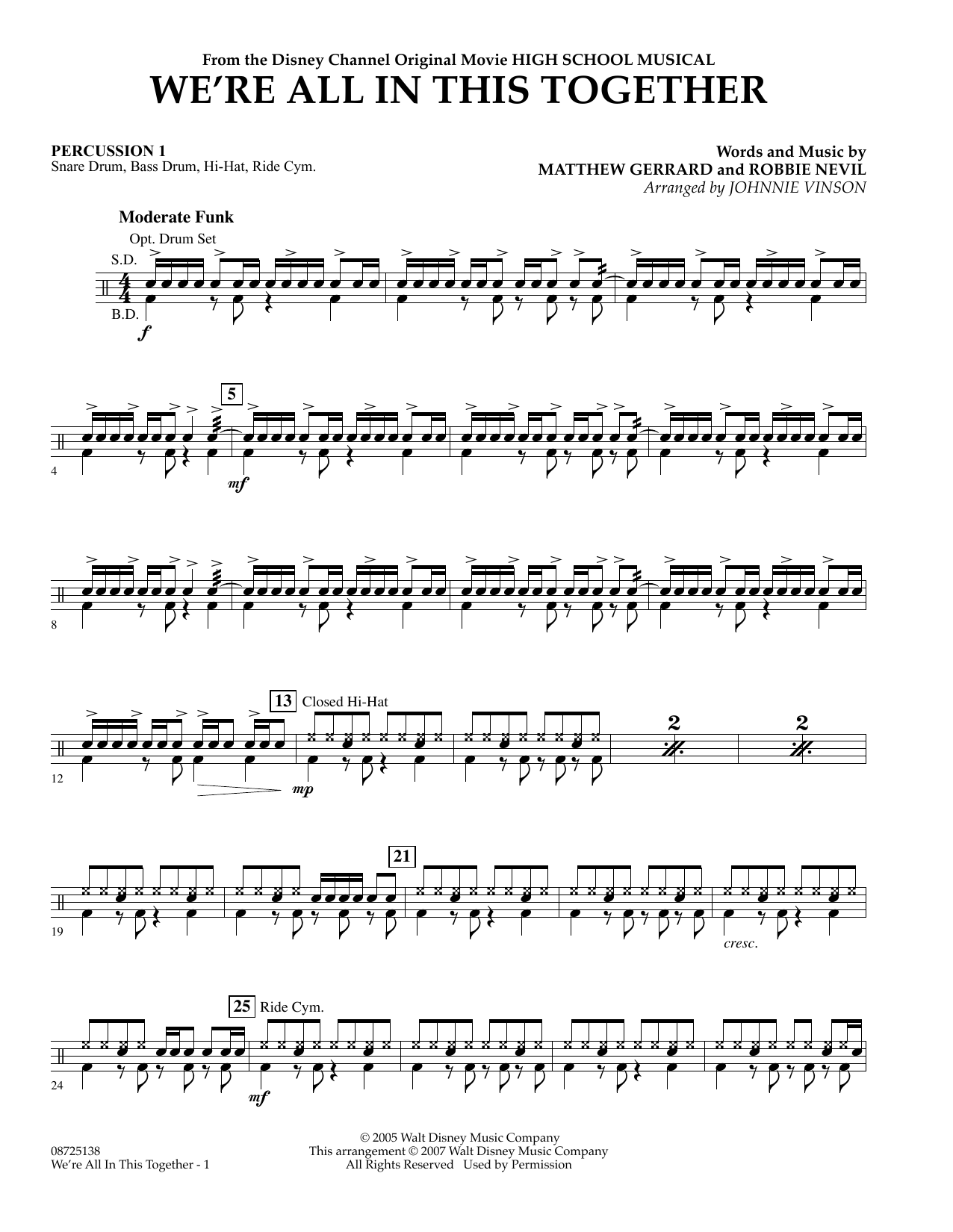 Johnnie Vinson We're All In This Together (from High School Musical) - Percussion 1 sheet music notes and chords arranged for Concert Band