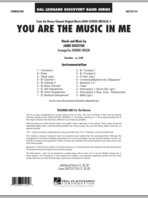 Johnnie Vinson You Are The Music In Me (from High School Musical 2) - Full Score sheet music notes and chords arranged for Concert Band