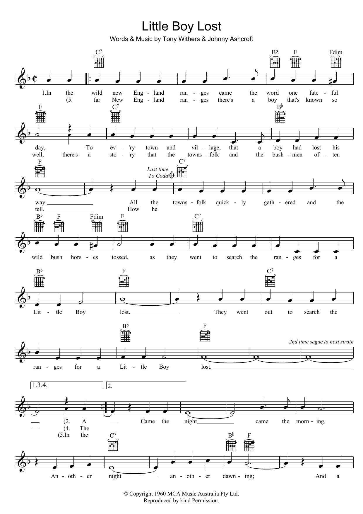 Johnny Ashcroft Little Boy Lost sheet music notes and chords arranged for Lead Sheet / Fake Book