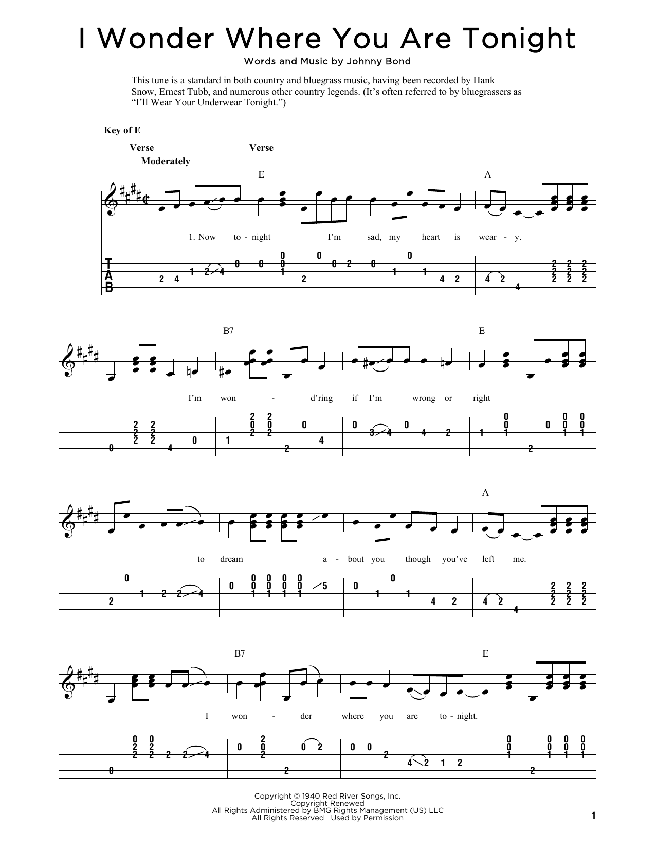 Johnny Bond I Wonder Where You Are Tonight (arr. Fred Sokolow) sheet music notes and chords arranged for Solo Guitar