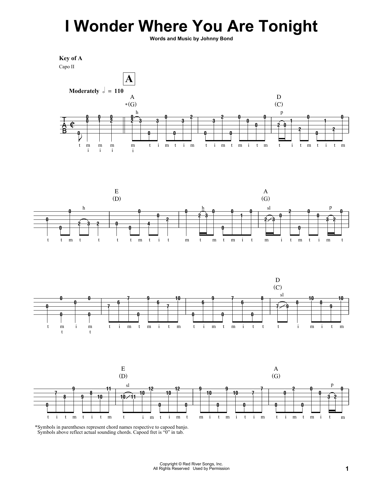 Johnny Bond I Wonder Where You Are Tonight sheet music notes and chords arranged for Banjo Tab