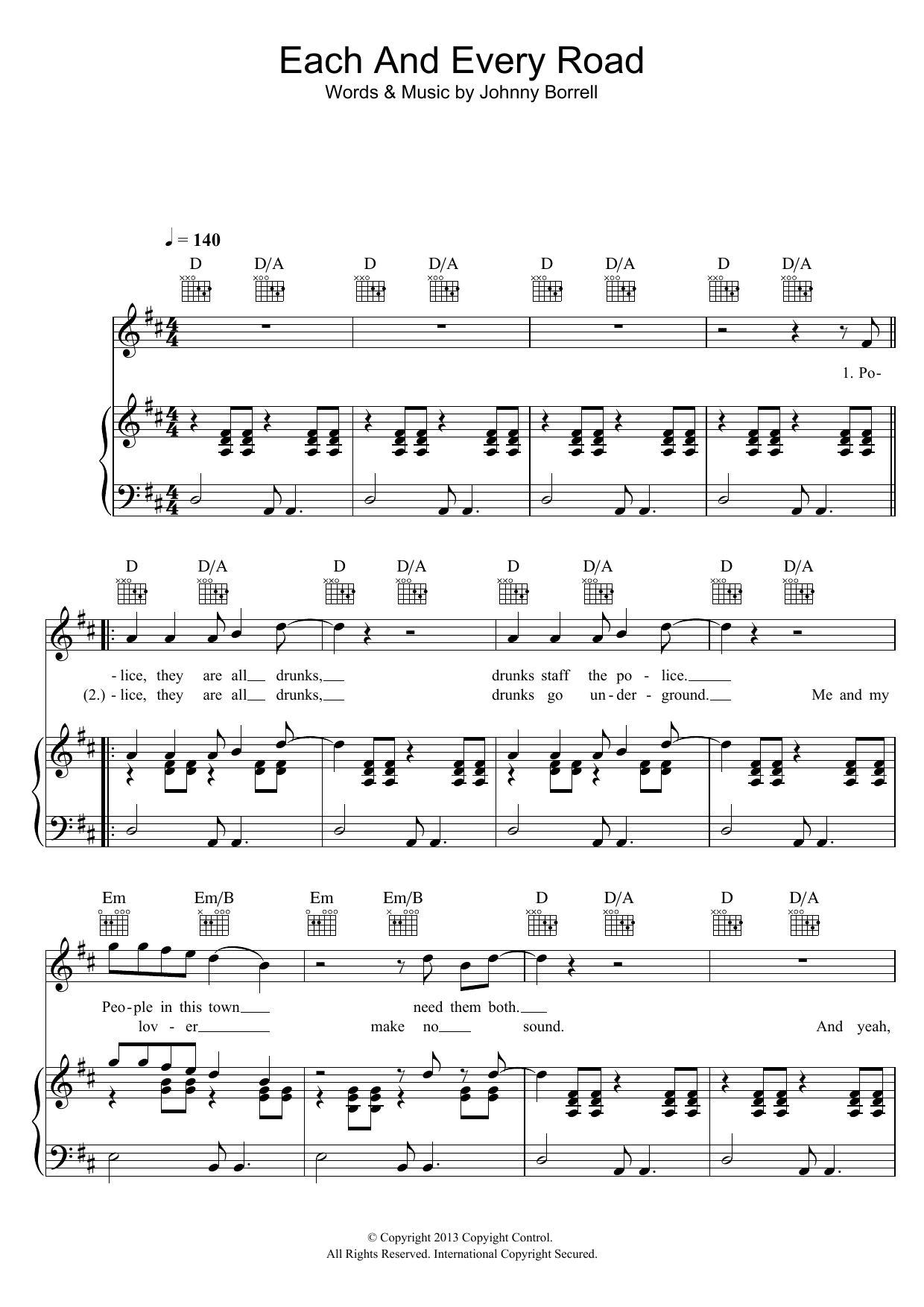 Johnny Borrell Each And Every Road sheet music notes and chords arranged for Piano, Vocal & Guitar Chords