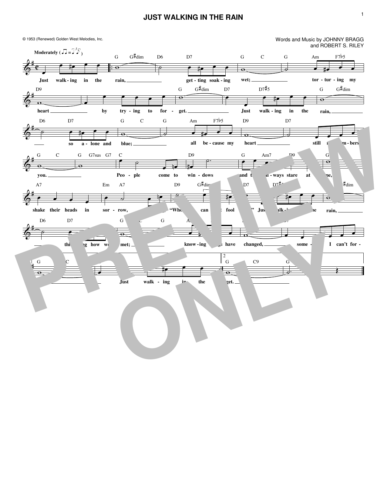 Johnny Bragg Just Walking In The Rain sheet music notes and chords arranged for Lead Sheet / Fake Book