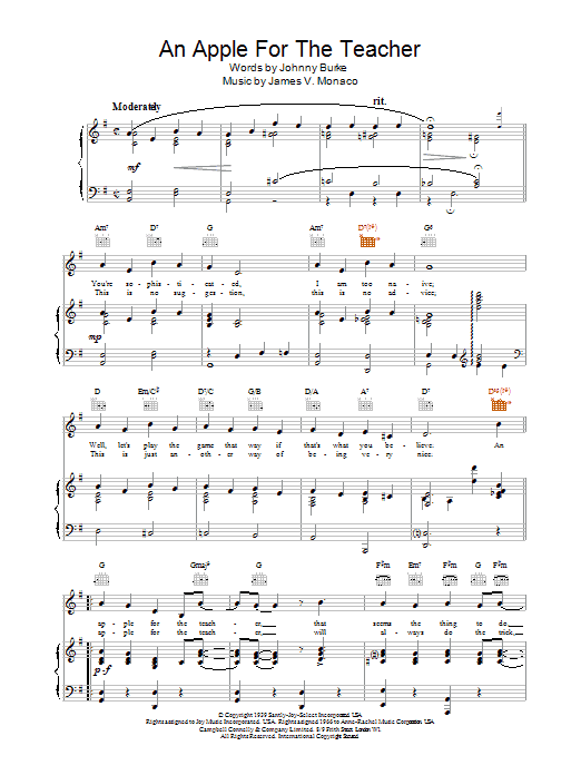 Johnny Burke An Apple For The Teacher sheet music notes and chords arranged for Piano, Vocal & Guitar Chords