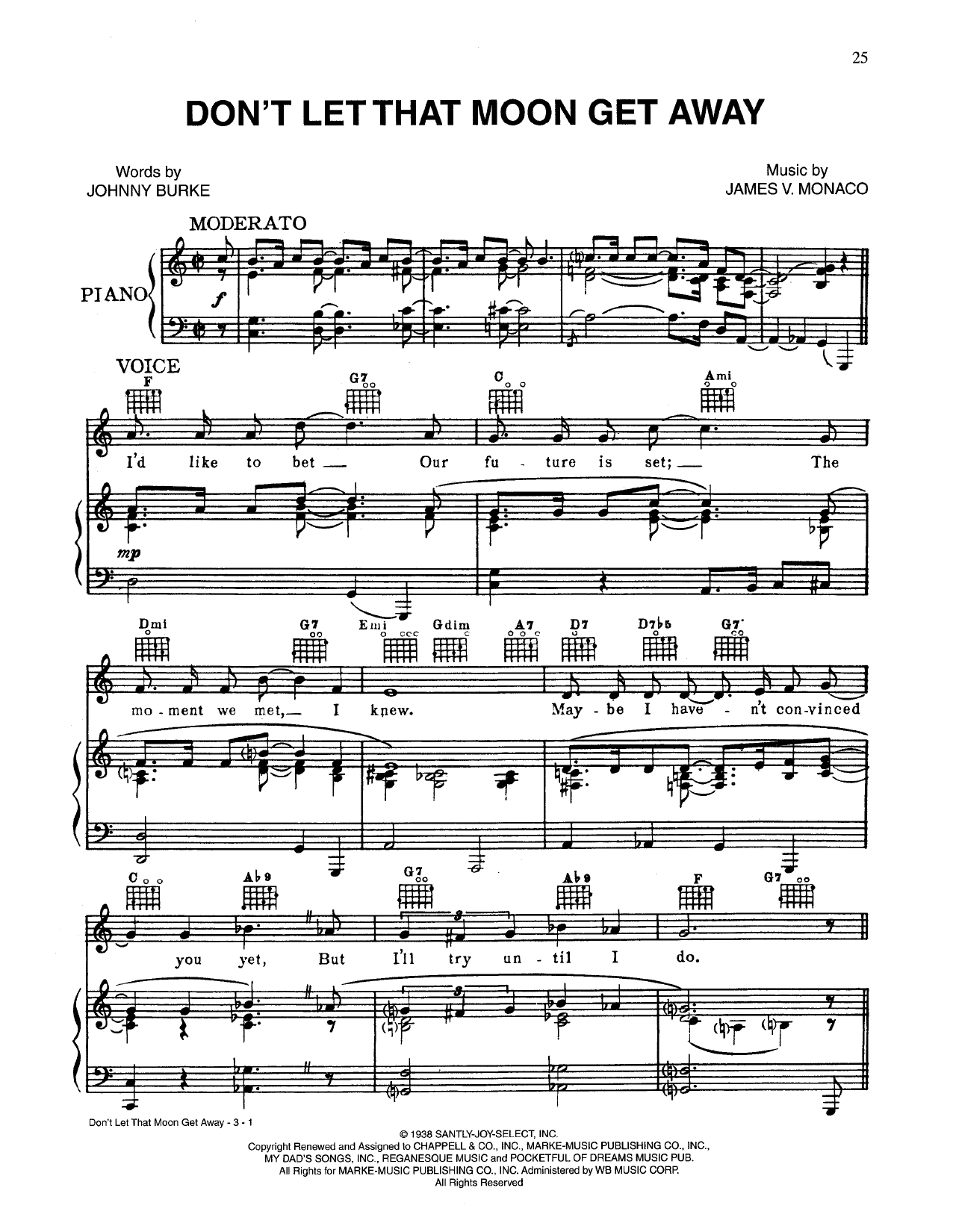 Johnny Burke Don't Let That Moon Get Away sheet music notes and chords arranged for Piano, Vocal & Guitar Chords (Right-Hand Melody)