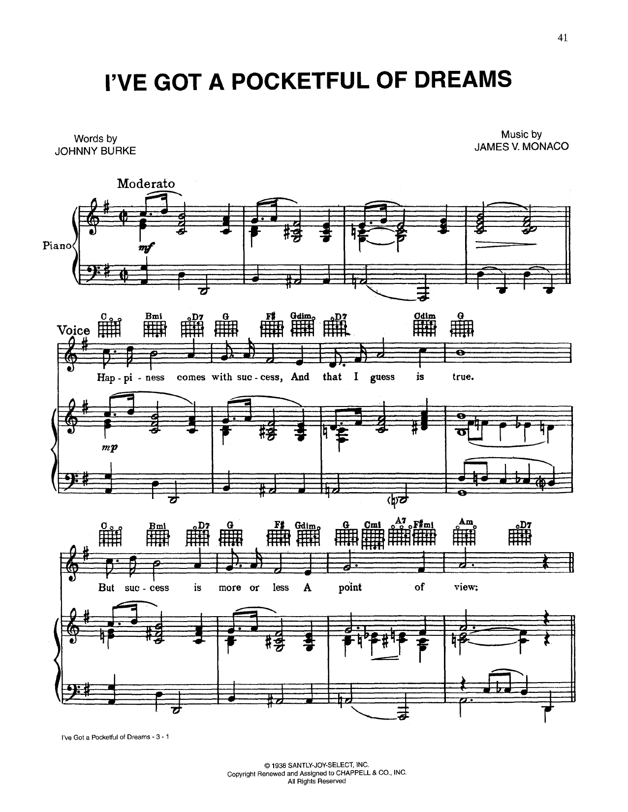 Johnny Burke I've Got A Pocketful Of Dreams sheet music notes and chords arranged for Piano, Vocal & Guitar Chords (Right-Hand Melody)
