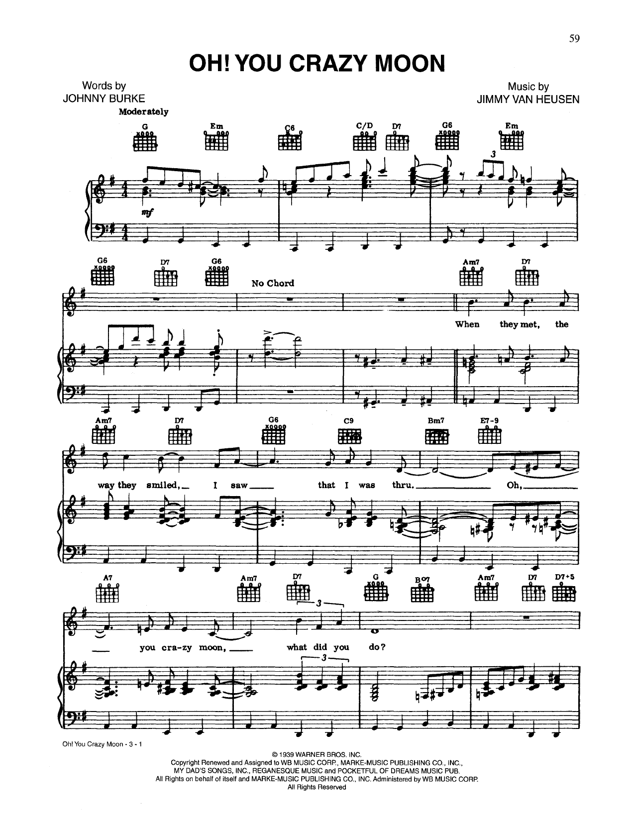 Johnny Burke Oh, You Crazy Moon sheet music notes and chords arranged for Piano, Vocal & Guitar Chords (Right-Hand Melody)