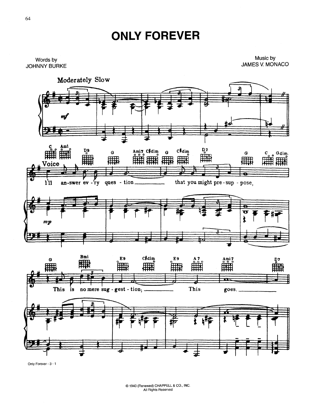 Johnny Burke Only Forever sheet music notes and chords arranged for Piano, Vocal & Guitar Chords (Right-Hand Melody)