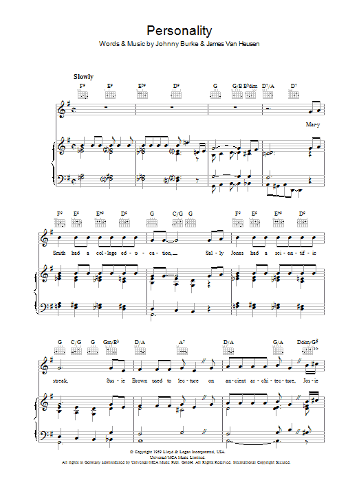 Johnny Burke Personality sheet music notes and chords arranged for Piano, Vocal & Guitar Chords