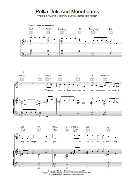 Johnny Burke Polka Dots And Moonbeams sheet music notes and chords arranged for Piano, Vocal & Guitar Chords