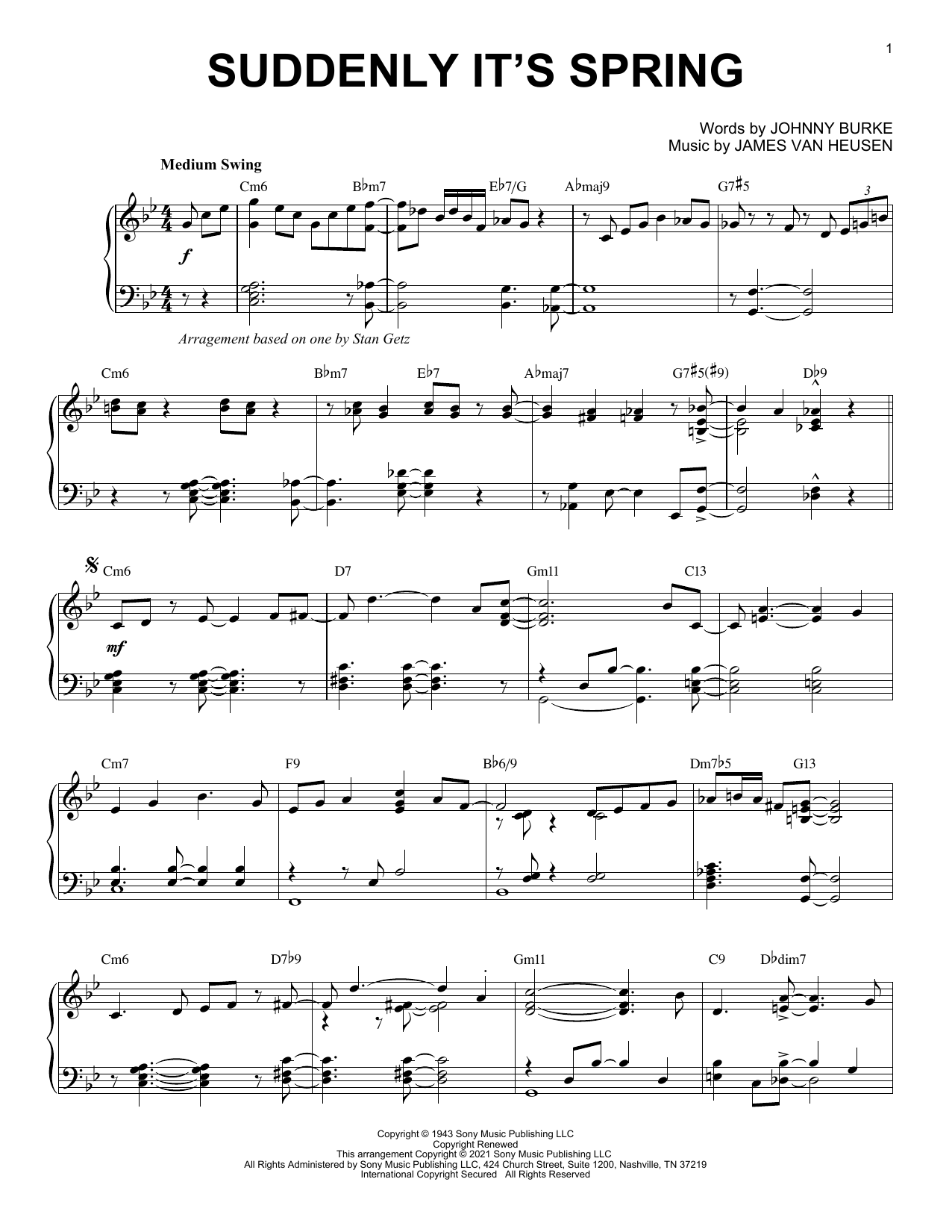 Johnny Burke Suddenly It's Spring [Jazz version] (arr. Brent Edstrom) sheet music notes and chords arranged for Piano Solo