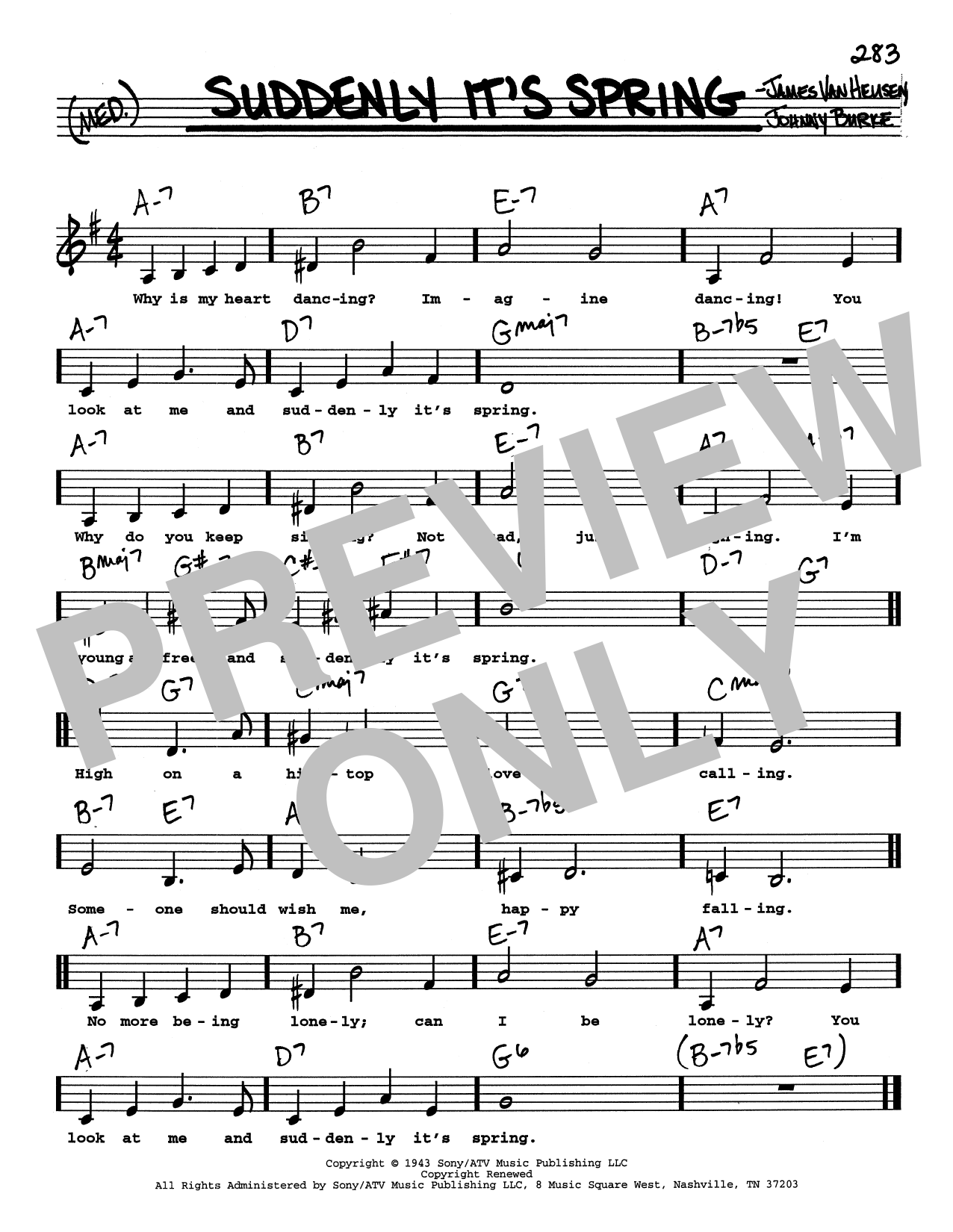 Johnny Burke Suddenly It's Spring (Low Voice) sheet music notes and chords arranged for Real Book – Melody, Lyrics & Chords