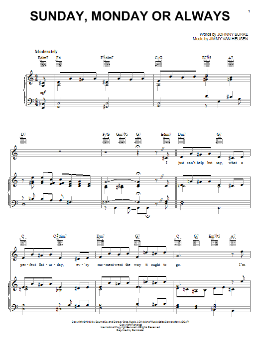 Johnny Burke Sunday, Monday Or Always sheet music notes and chords arranged for Piano, Vocal & Guitar Chords (Right-Hand Melody)