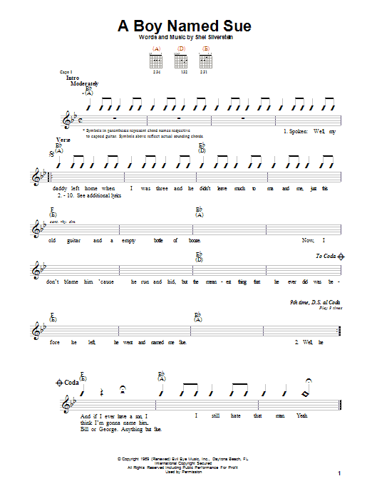 Johnny Cash A Boy Named Sue sheet music notes and chords arranged for Ukulele Chords/Lyrics