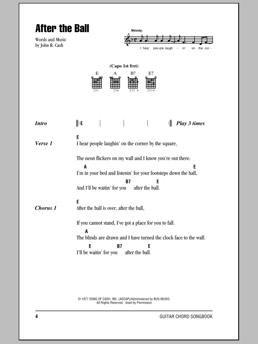 Johnny Cash After The Ball sheet music notes and chords arranged for Piano, Vocal & Guitar Chords (Right-Hand Melody)