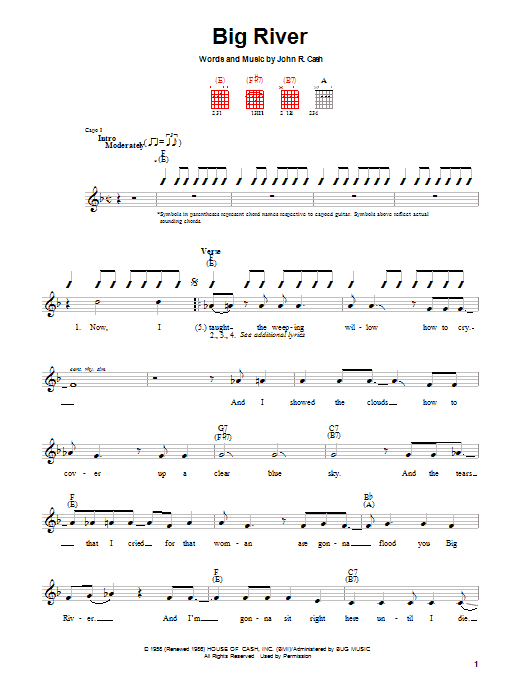 Johnny Cash Big River sheet music notes and chords arranged for Piano, Vocal & Guitar Chords (Right-Hand Melody)