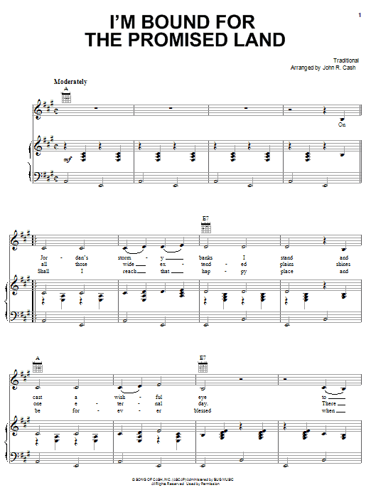 Johnny Cash Bound For The Promised Land sheet music notes and chords arranged for Piano, Vocal & Guitar Chords (Right-Hand Melody)