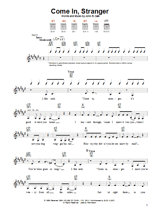 Johnny Cash Come In, Stranger sheet music notes and chords arranged for Guitar Chords/Lyrics