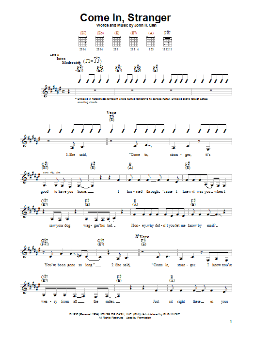 Johnny Cash Come In, Stranger sheet music notes and chords arranged for Piano, Vocal & Guitar Chords (Right-Hand Melody)