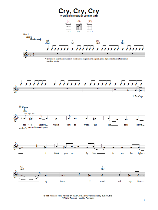 Johnny Cash Cry, Cry, Cry sheet music notes and chords arranged for Guitar Tab
