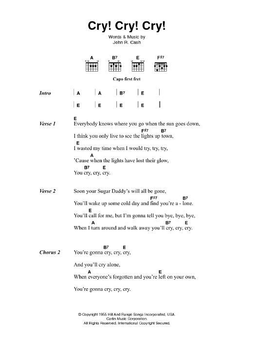 Johnny Cash Cry! Cry! Cry! sheet music notes and chords arranged for Guitar Chords/Lyrics
