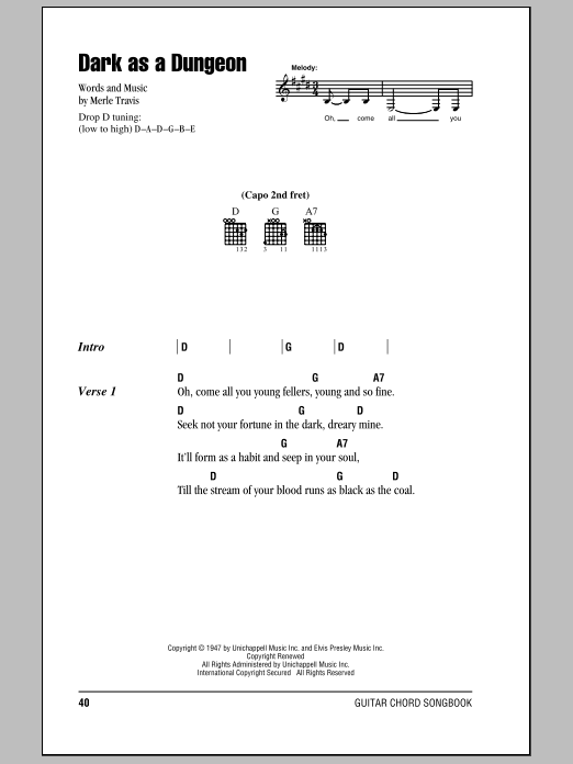 Johnny Cash Dark As A Dungeon sheet music notes and chords arranged for Piano, Vocal & Guitar Chords (Right-Hand Melody)