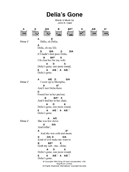 Johnny Cash Delia's Gone sheet music notes and chords arranged for Guitar Chords/Lyrics