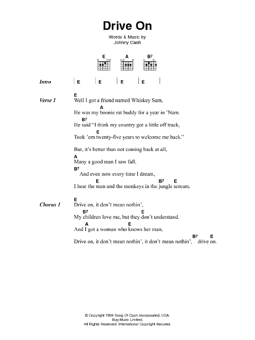 Johnny Cash Drive On sheet music notes and chords arranged for Guitar Chords/Lyrics