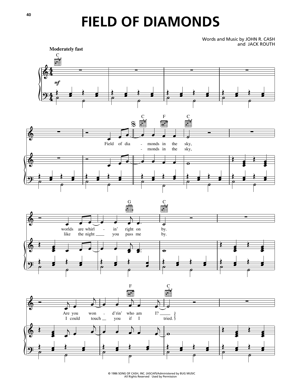 Johnny Cash Field Of Diamonds sheet music notes and chords arranged for Piano, Vocal & Guitar Chords (Right-Hand Melody)