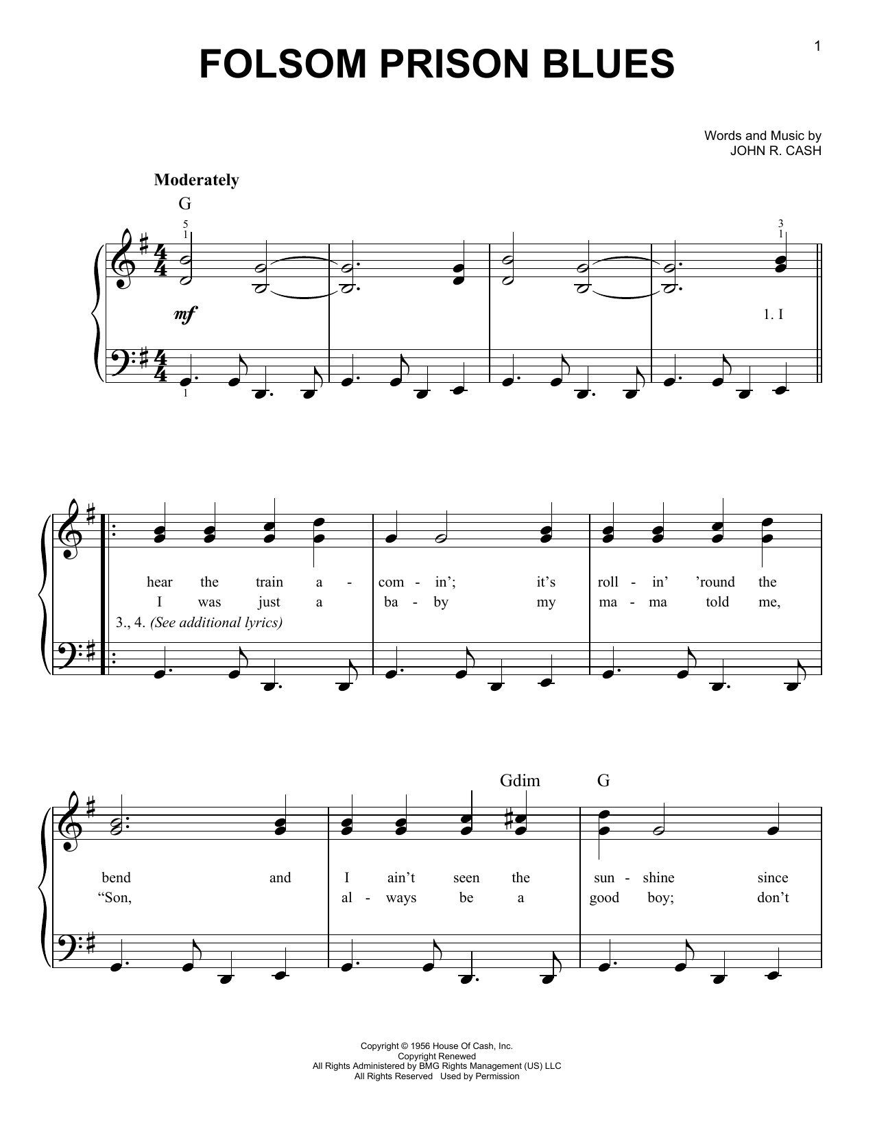 Johnny Cash Folsom Prison Blues sheet music notes and chords arranged for Very Easy Piano