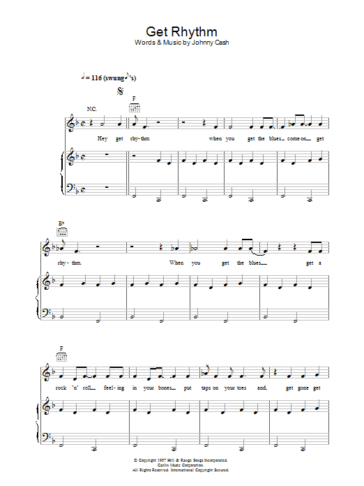 Johnny Cash Get Rhythm sheet music notes and chords arranged for Piano, Vocal & Guitar Chords