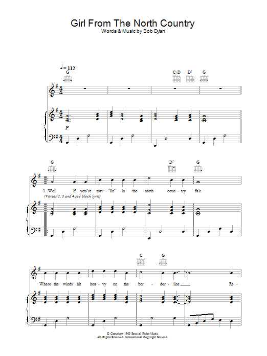 Johnny Cash Girl From The North Country sheet music notes and chords arranged for Piano, Vocal & Guitar Chords