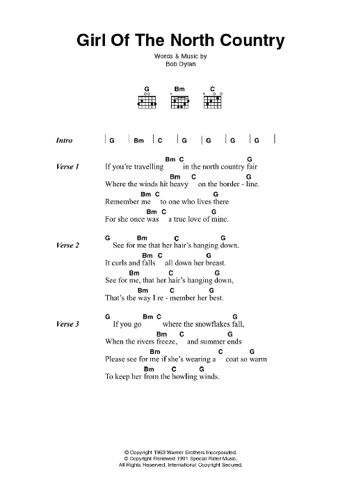 Bob Dylan Girl Of The North Country sheet music notes and chords arranged for Guitar Chords/Lyrics