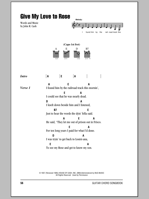Johnny Cash Give My Love To Rose sheet music notes and chords arranged for Guitar Chords/Lyrics
