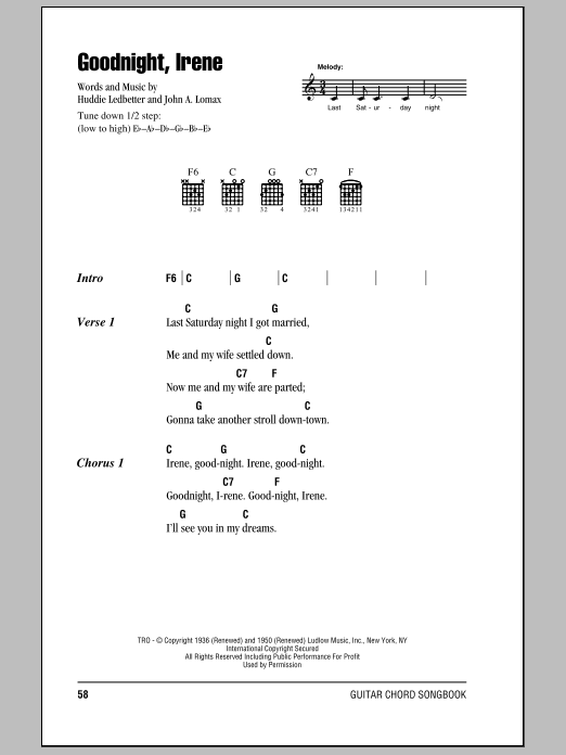 Johnny Cash Goodnight, Irene sheet music notes and chords arranged for Guitar Chords/Lyrics