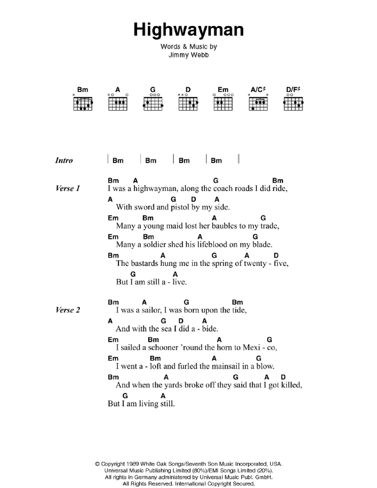Johnny Cash Highwayman sheet music notes and chords arranged for Guitar Chords/Lyrics