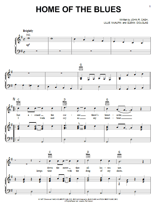 Johnny Cash Home Of The Blues sheet music notes and chords arranged for Piano, Vocal & Guitar Chords (Right-Hand Melody)